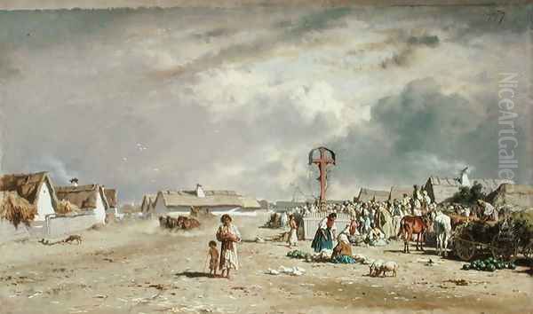 The Market at Szolnol, Hungary Oil Painting by August Xaver Karl von Pettenkofen