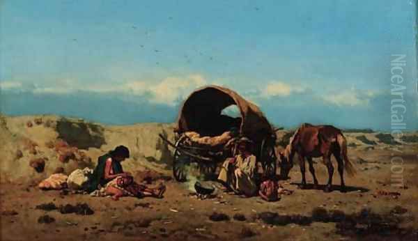 Travellers with their wagon in a landscape Oil Painting by August Xaver Karl von Pettenkofen