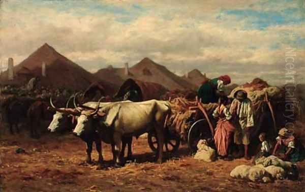 Loading a wagon Oil Painting by August Xaver Karl von Pettenkofen