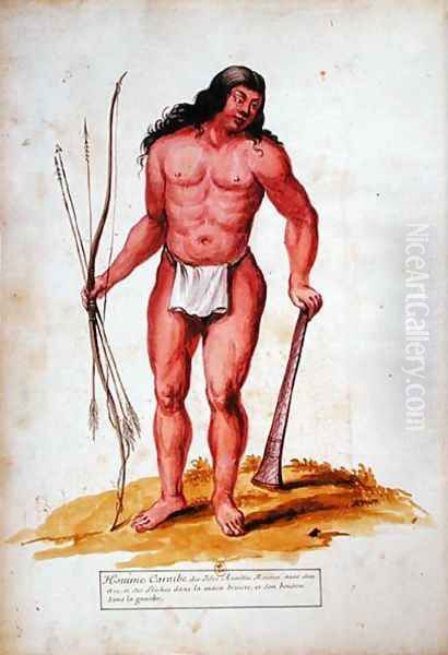 Native of the Caribbean with his weapons, from a manuscript on plants and civilization in the Antilles, c.1686 Oil Painting by Charles Plumier