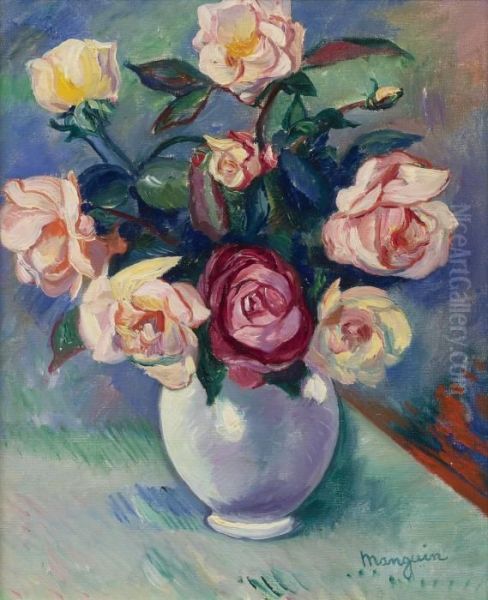 Bouquet De Roses Dans Un Vase Blanc Oil Painting by Henri Charles Manguin