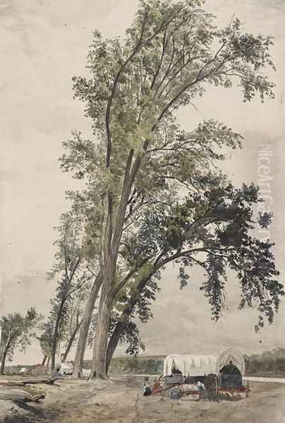 Council Bluffs Ferry and a Group of Cottonwood Trees, Iowa, 1853 Oil Painting by Frederick Piercy