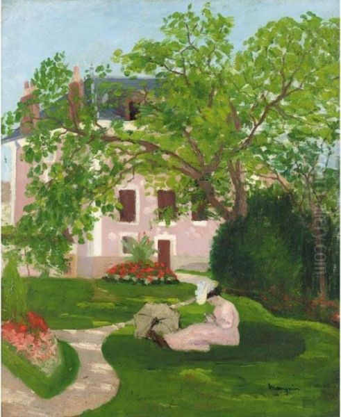 Jeanne A L'ombrelle, Assise Dans Le Jardin De Coulombs by Henri Charles Manguin