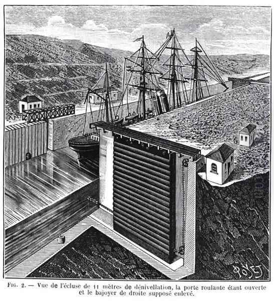 Designs by Gustave Eiffel 1832-1923 for locks in the Panama Canal, illustration from the magazine Le Genie Civil, 1888 Oil Painting by Louis Poyet