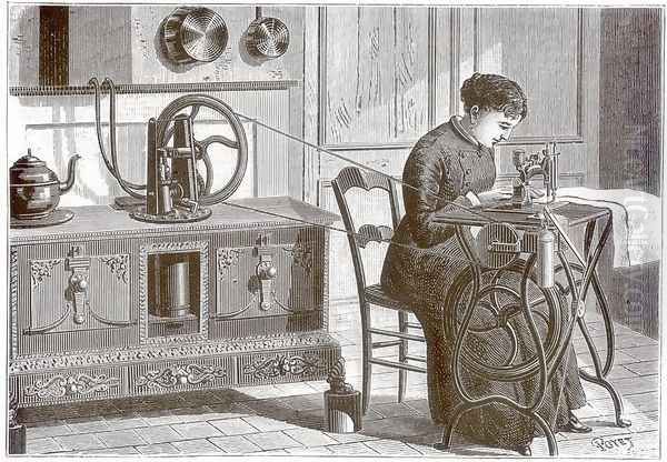 Daussins steam motor, heated on the kitchen stove, being used to power a sewing machine, from La Nature, published 1883 Oil Painting by Louis Poyet