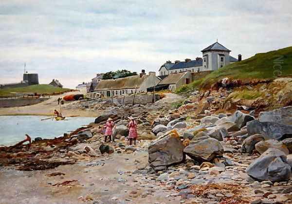 Kingsland, Cornwall, with two girls on a beach Oil Painting by Thomas J. Purchas