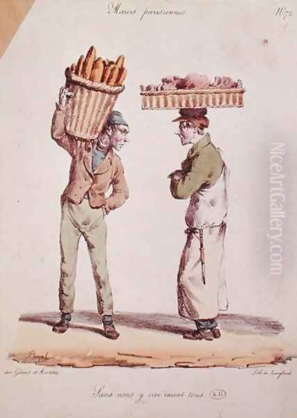 Caricature of two young tradesmen talking, plate number 72 from the Moeurs Parisiennes series, engraved by Langlume, c.1820 Oil Painting by Pigal, Edme Jean