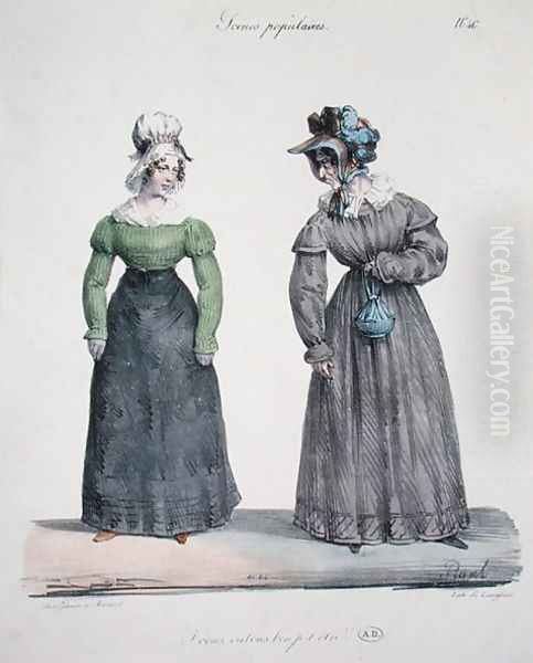 Caricature of a jealous mistress with her servant, plate number 40 from the Scenes Populaires series, engraved by Langlume, c.1820 Oil Painting by Pigal, Edme Jean