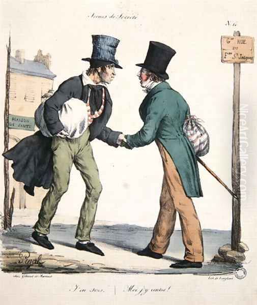 One man leaving and the other returning to hospital, caricature from the Moeurs Parisiennes series, engraved by Langlume, c.1825 Oil Painting by Pigal, Edme Jean