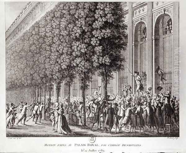 Camille Desmoulins 1760-94 Speaking at the Palais Royal, 12 July 1789, engraved by Pierre Gabriel Berthault 1737-1831 Oil Painting by Prieur, Jean Louis, II