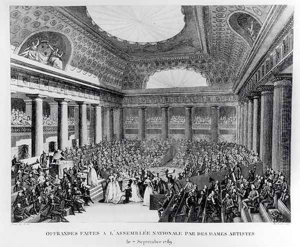 Offerings Made to the National Assembly in the Salle des Menus-Plaisirs by Women Artists, 7th September 1789, engraved by Pierre Gabriel Berthault 1737-1831 Oil Painting by Prieur, Jean Louis, II