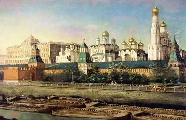 View of the Moscow Kremlin from the Embankment Oil Painting by Nikolay Ivanovich Podklyuchnikov