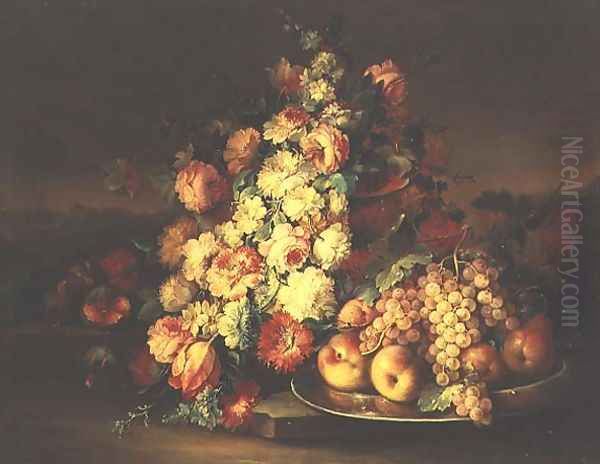 Still Life with Flowers and a Pewter Plate with Fruit Oil Painting by Maximilian Pfeiler