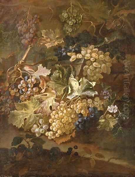 Grapes on the vine and blackberries on a stone ledge Oil Painting by Maximilian Pfeiler