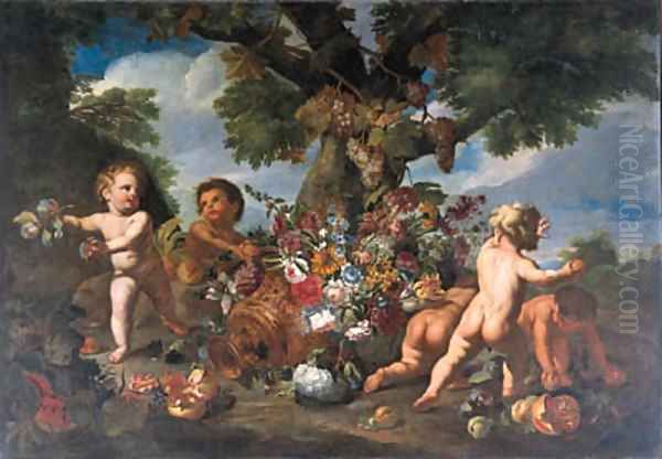 Putti playing with fruit by an upturned urn of flowers Oil Painting by Maximilian Pfeiler