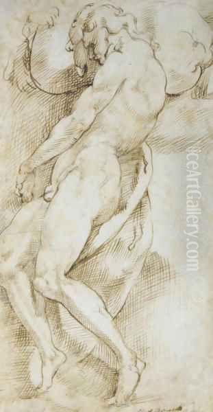 A nude man carrying a boulder Oil Painting by Bartolomeo Passarotti