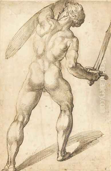 A nude seen from behind holding a sword and a shield Oil Painting by Bartolomeo Passarotti