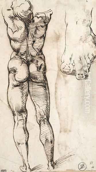 A nude seen from behind and a study of a foot Oil Painting by Bartolomeo Passarotti