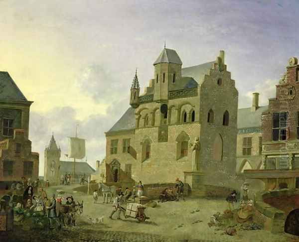 Town square with figures and peasants trading in a market place Oil Painting by Johannes Huibert Prins