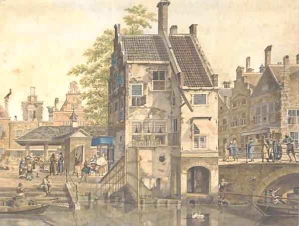 A cappricio view of a Dutch village Oil Painting by Johannes Huibert Prins