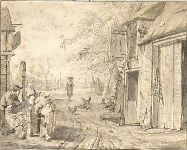 A village street with three peasants by a well, a church beyond Oil Painting by Johannes Huibert Prins