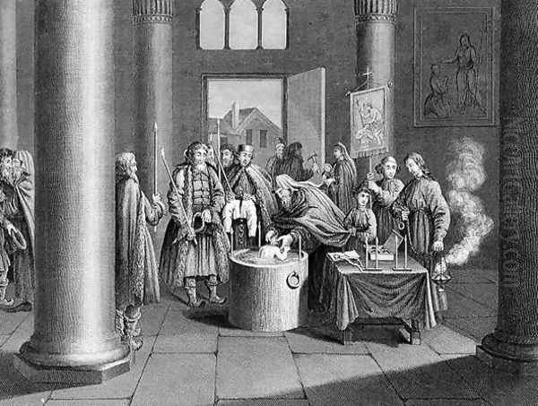 Baptism According to the Greek Church in Russia, engraved by W. Forrest, from World Religion, published by A. Fullarton and Co. Oil Painting by Picart