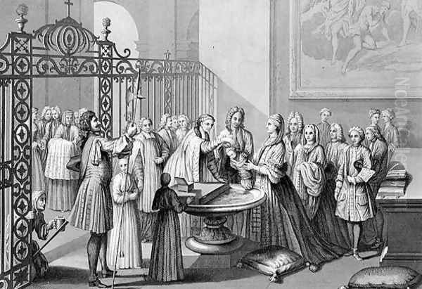 Baptism according to the Church of Rome in the 18th century, engraved by A. Thorn, from World Religion, published by A. Fullarton and Co. Oil Painting by Picart