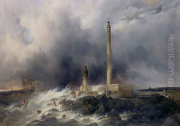 View of the Lighthouse at Gatteville Oil Painting by Jean Louis Petit