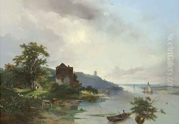 Panoramic view of a river landscape Oil Painting by Jacobus Pelgrom