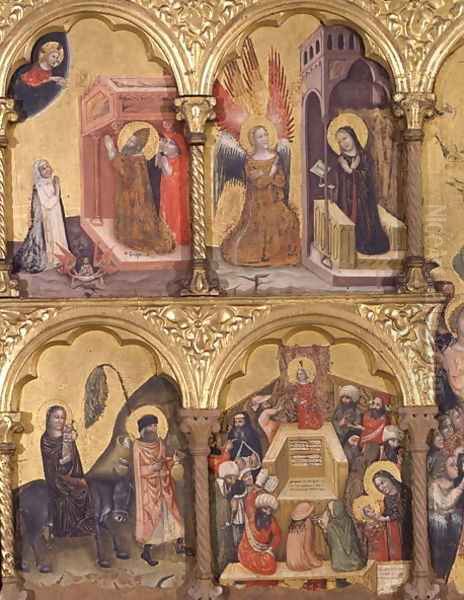 Polyptych of the Dormition of the Virgin, detail of St. Gregory the Great 540-604 Praying for the Deliverance of the Soul of Trajan 53-117 from Purgatory, the Annunciation, the Flight into Egypt and Jesus with the Doctors Oil Painting by Jacopino di Francesco Pseudo