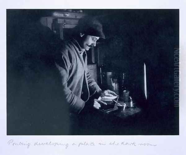 Ponting developing a plate in the dark room, from Scotts Last Expedition Oil Painting by Herbert Ponting