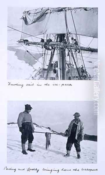 Top Furling Terra Novas sail in the ice pack. Bottom Ponting and Lashly bringing home the octopus. from Scotts Last Expedition Oil Painting by Herbert Ponting