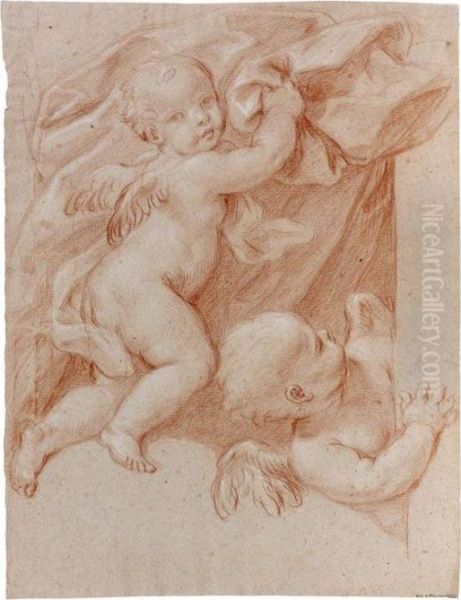 Deux Putti Jouant Dans Un Drape Oil Painting by Carlo Maratta or Maratti