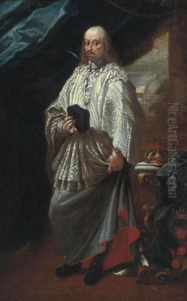 Portrait Of Cosimo Iii De' 
Medici, Grand Duke Of Tuscany , Full-length, In The Vestments Of A Canon
 Of Saint Peter's, Rome, With The Ducal Crown On A Table Beside Him, 
Saint Peter's Beyond Oil Painting by Carlo Maratta or Maratti