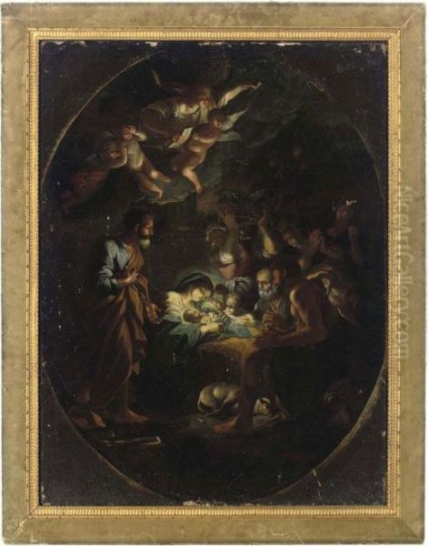 The Adoration Of The Shepherds, Feigned Oval Oil Painting by Carlo Maratta or Maratti