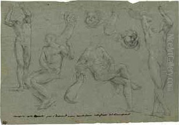 Studies Of Seated And Standing 
Male Nudes, With Subsidiary Studiesof Forearms And Cherubs' Heads Oil Painting by Carlo Maratta or Maratti