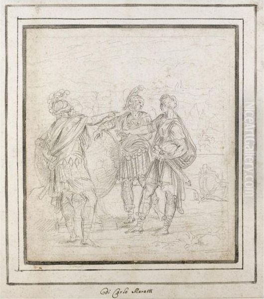 Scene From Roman History With Three Roman Soldiers Around Aglobe Oil Painting by Carlo Maratta or Maratti