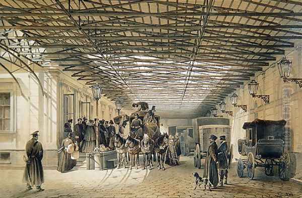 Departure of a Stagecoach from St. Petersburg Station, 1848 Oil Painting by Luigi (Ludwig Osipovich) Premazzi