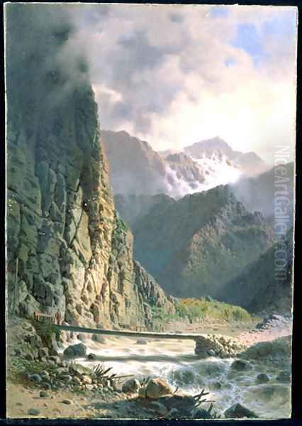 Plank bridge in a deep gorge in the Caucasus Mountains, c.1860 Oil Painting by Luigi (Ludwig Osipovich) Premazzi