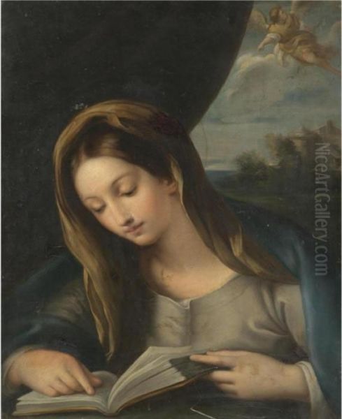 The Madonna Reading, The Angel Gabriel Approaching From The Sky Oil Painting by Carlo Maratta or Maratti