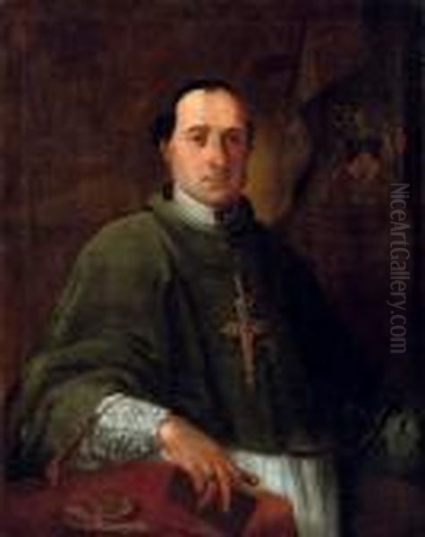 Portrait Of A Clergyman, 
Half-length, Holding A Book In His Right Hand, Leaning On A Draped Table
 With A Pocket Watch, Standing Before A Curtain Embroidered With A 
Coat-of-arms Oil Painting by Carlo Maratta or Maratti