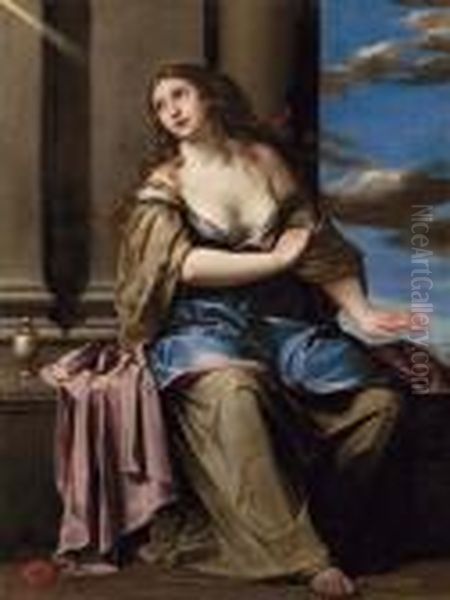 La Maddalena Penitente, Seduta In Un Portico, Mentre Si Priva Dei Suoi Gioielli Oil Painting by Carlo Maratta or Maratti