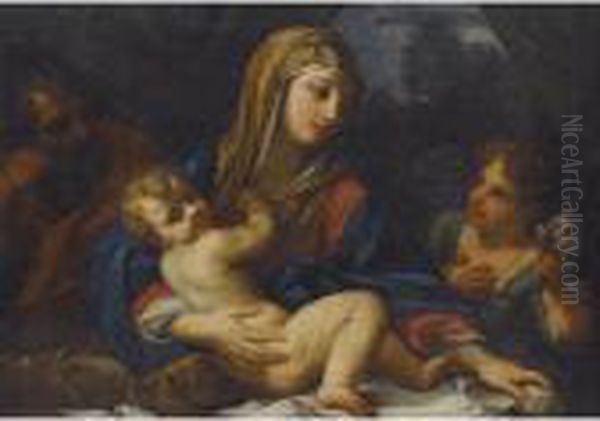 The Holy Family With An Angel Holding Roses Oil Painting by Carlo Maratta or Maratti