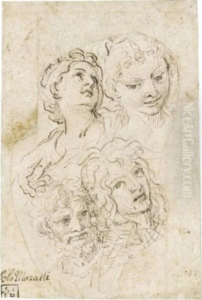 Four Heads And A Hand Oil Painting by Carlo Maratta or Maratti