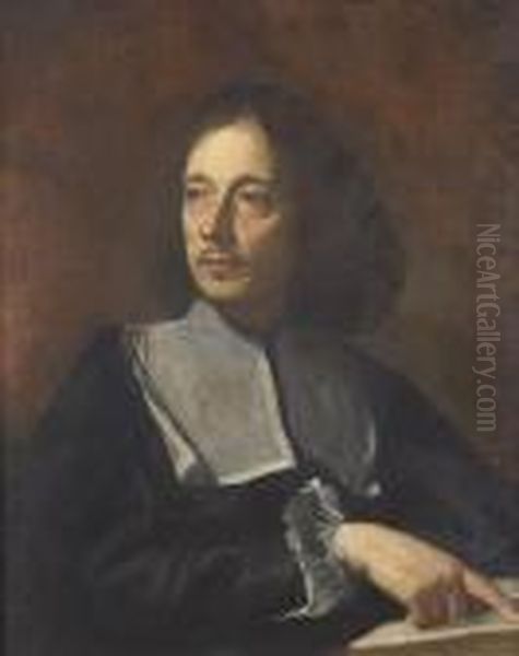 Portrait Of A Giovan Pietro 
Bellori, Half-length, In Black Costume With A Lawn Collar And Cuffs, 
Pointing To An Open Book Oil Painting by Carlo Maratta or Maratti