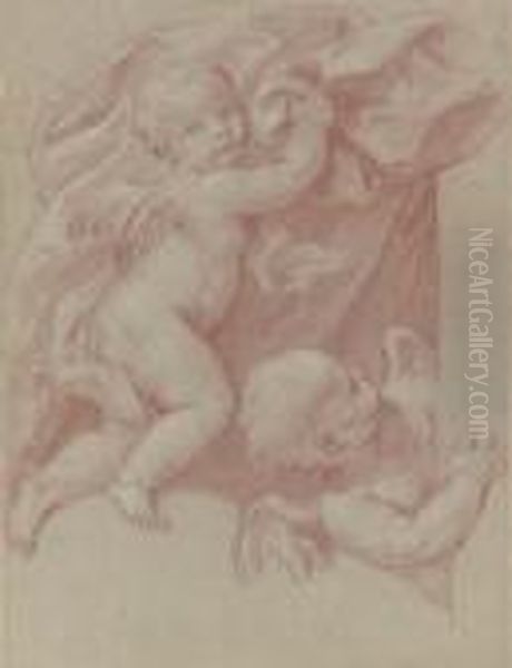 Deux Putti Tenant Une Draperie Oil Painting by Carlo Maratta or Maratti