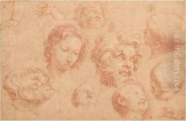 Sheet Of Studies Of Heads And Hands Oil Painting by Carlo Maratta or Maratti