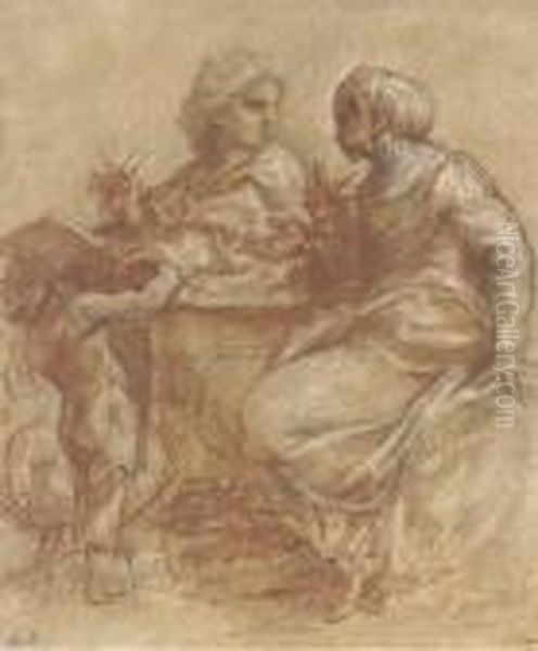 A Seated Man Writing On A Tablet, Turning Back To A Woman Oil Painting by Carlo Maratta or Maratti