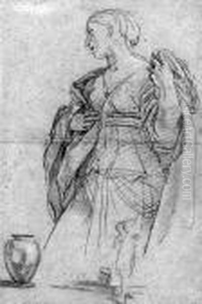 A Standing Female Figure, A Jar 
At Her Feet, With A Subsidiarystudy Of The Same: Study For Rebecca At 
The Well Oil Painting by Carlo Maratta or Maratti