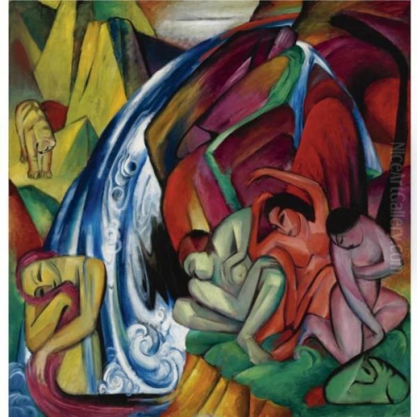 Der Wasserfall (frauen Unter Einem Wasserfall) The Waterfall (women Under A Waterfall) Oil Painting by Franz Marc